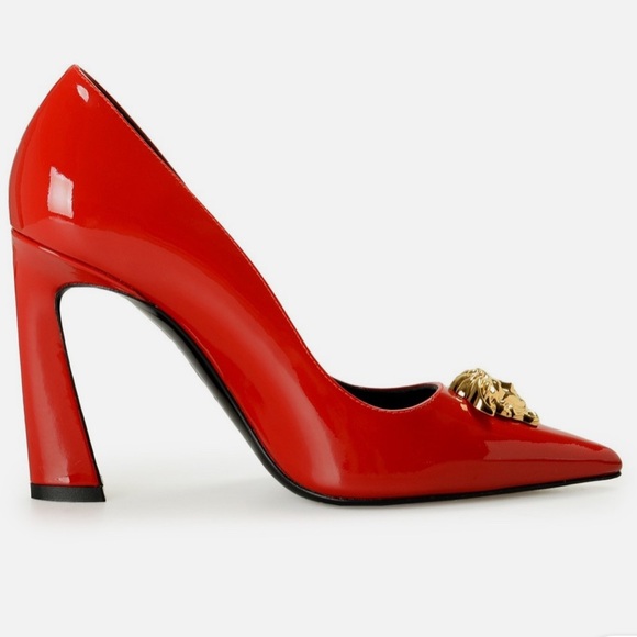 Versace Red Patent Leather Pointed Pump with Gold Medusa Accent - Picture 7 of 14